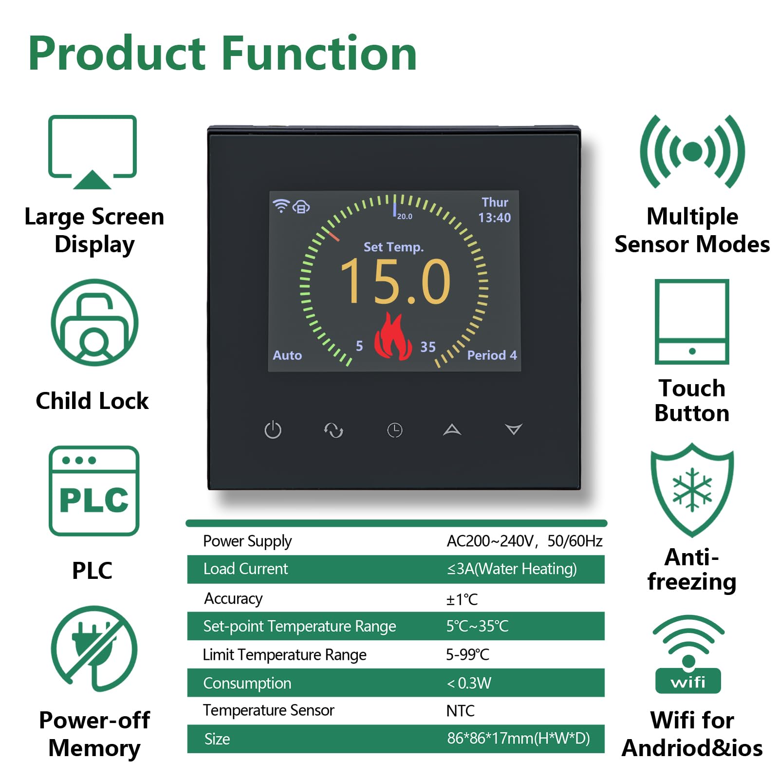 Wengart Termostato Smart WiFi per Riscaldamento a Pavimento ad Acqua, Display TFT a Colori da 2.4", 3A 230V, 6 Lingue (Italiano Incl.), Compatibile con Alexa e Google Home, App Tuya, Nero, WG380
