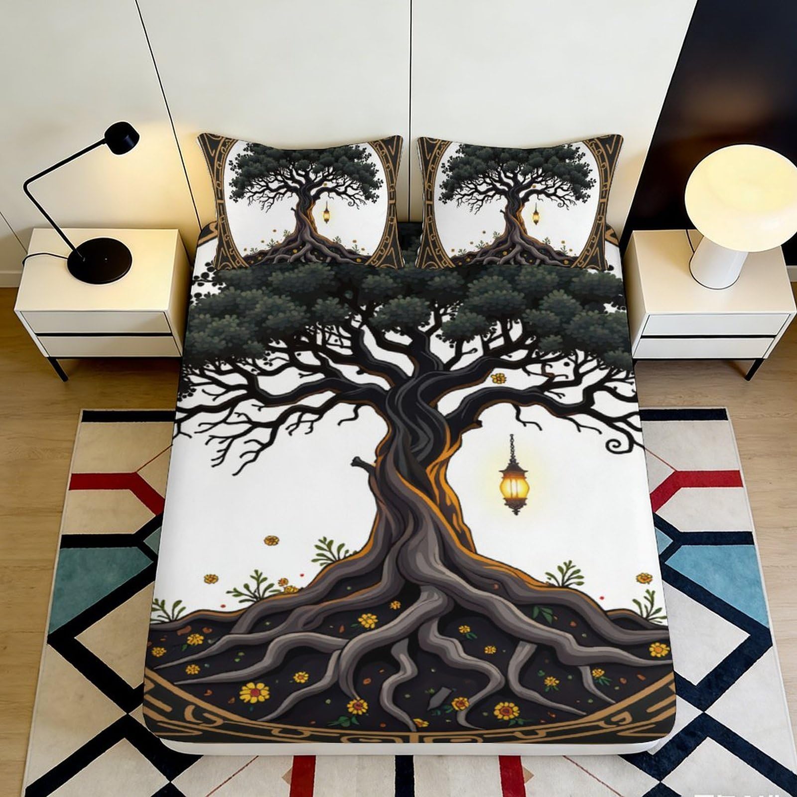 3D Printed Tree of Life Fitted Sheet Microfiber Deep Pocket Elastic Hem Tree Pattern Mattress Fitted Cover for Bedroom 90x200x25cm