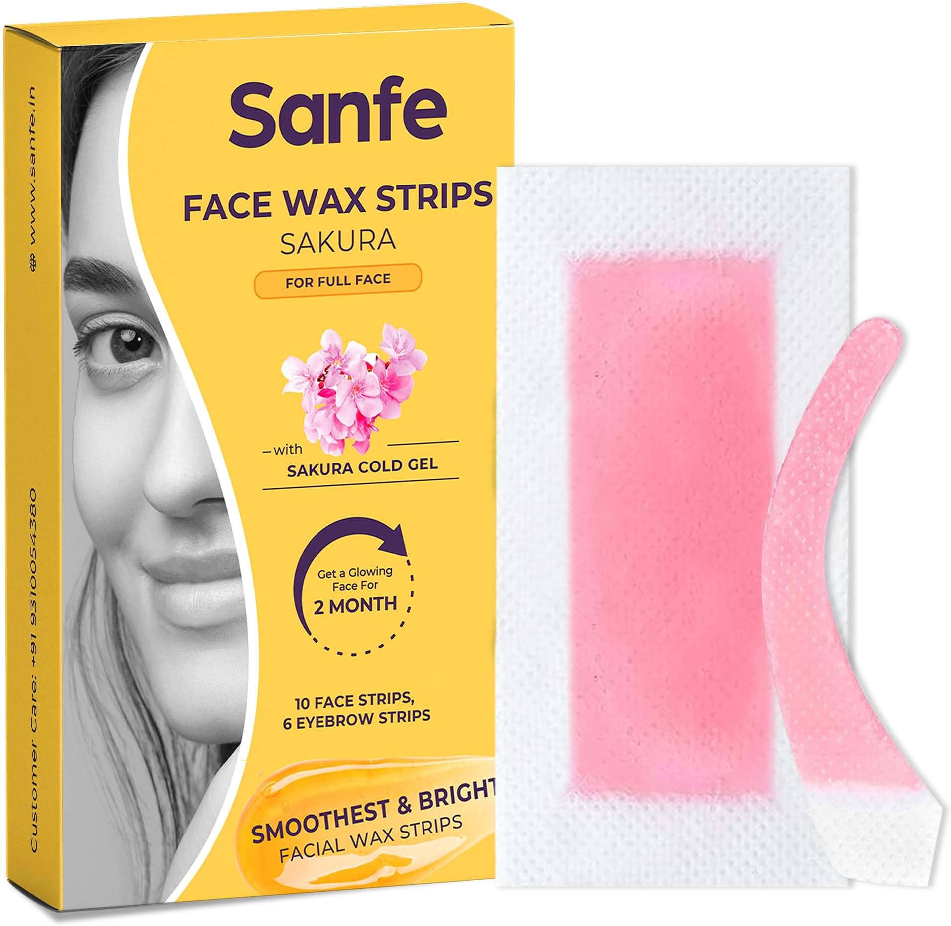 Sanfe Facial Wax Strips Sakura Pack of 16 | Precise Hair Removal For Eyebrows, Upper Lips, Forehead, Chin & Sideburns | Sakura Cold Gel & Glycerin | No Heating Required & Easy To Use Design | For Complete Face Waxing | No Redness & No Burning | Salon Like Results | For Indian Skin | 10 Face Strips & 6 Eyebrow Strips