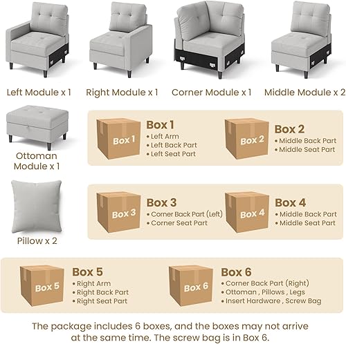 Miniatura 8 de Giantex Sofá modular modular, sofá extragrande en forma de L con otomana móvil, tela de lino sintético, 2 almohadas extraíbles incluidas, sofá