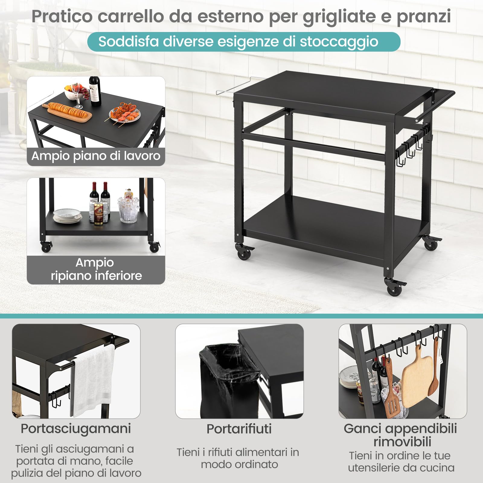 COSTWAY Carrello Barbecue da Esterno in Metallo con 2 Ripiani, 4 Ruote Bloccabili, Ganci, Maniglia Laterale