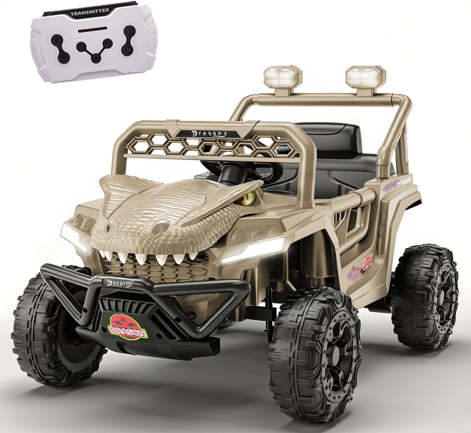 12V Dinosaur Ride On UTV, Kids Electric Vehicle with Parent Control, 3 Speeds,6 LED Lights, Shock Absorption,Bluetooth, Sharp Claws & Fierce Eyes, Ride On Toys for Boys Girls(Green)