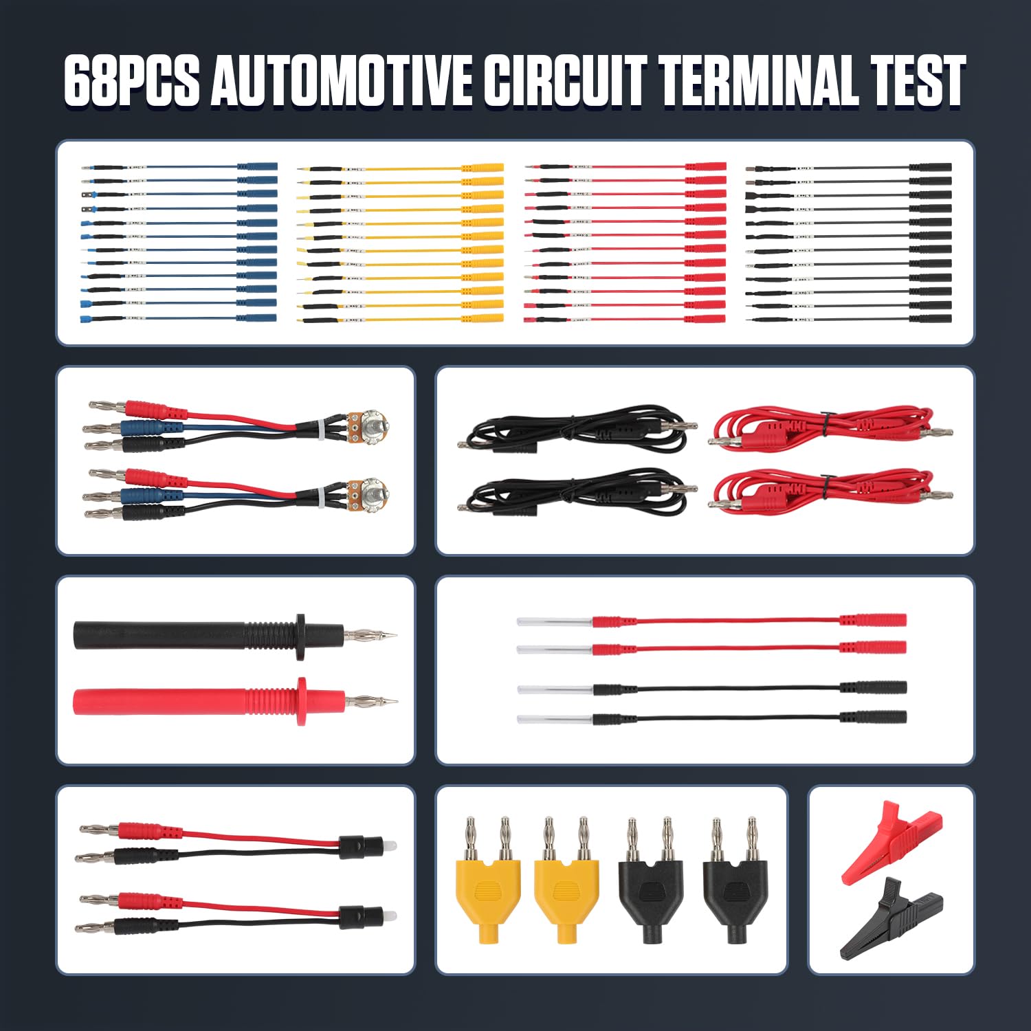 68PCS Automotive Circuit Test Leads Kit,Multimeter Terminal Test Leads Kit,Test Leads,Standard Probes,Alligator Clip,Banana Plug Adapters,SRS Connector — Amazon image 2