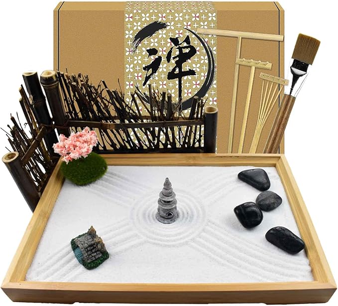 Japanese Zen Sand Garden for Desk with Rake, Stand, Rocks and