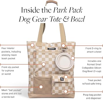 Cleverpup Park Pack 2-Piece Dog Gear Travel Tote - 8 Pockets, Checkerboard