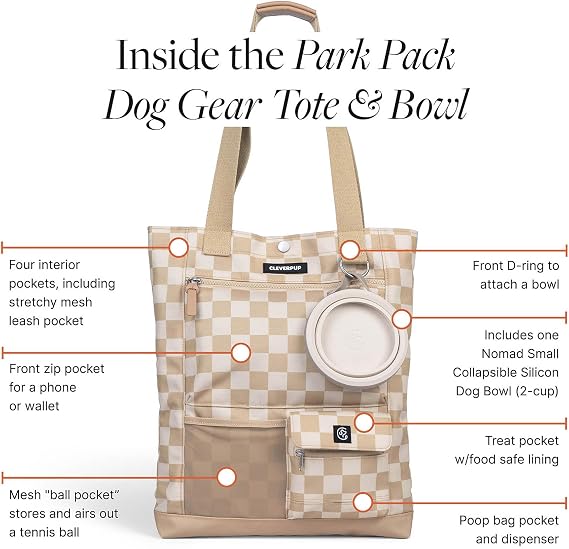 Cleverpup Park Pack 2-Piece Dog Gear Travel Tote - 8 Pockets, Checkerboard