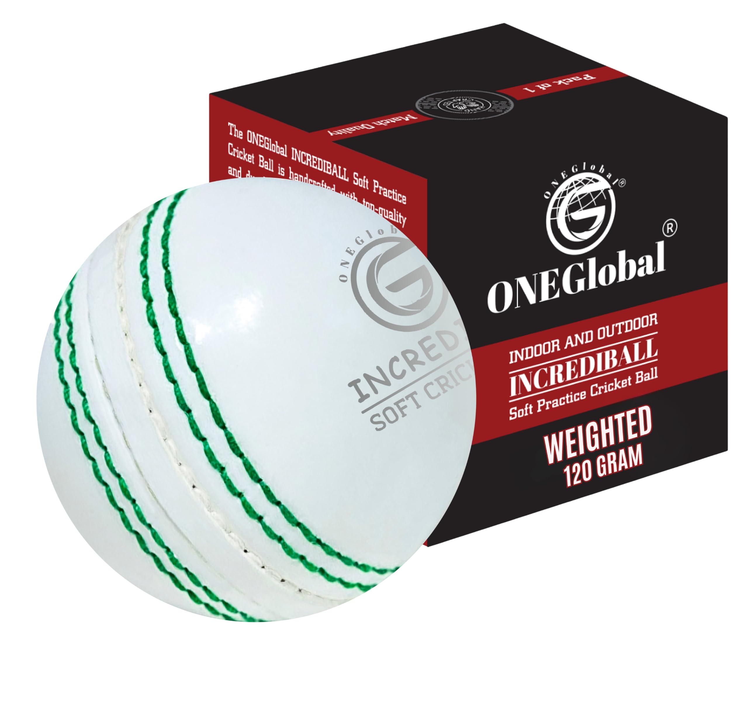 ONEGlobal Incrediball Soft Practice Cricket Ball | Outdoor & Indoor Rubber Cricket Ball With Core & Stitched Seam | For Practice, Training & Family Fun | Senior & Junior Size (Weighted 120g, 1-White) — image 1