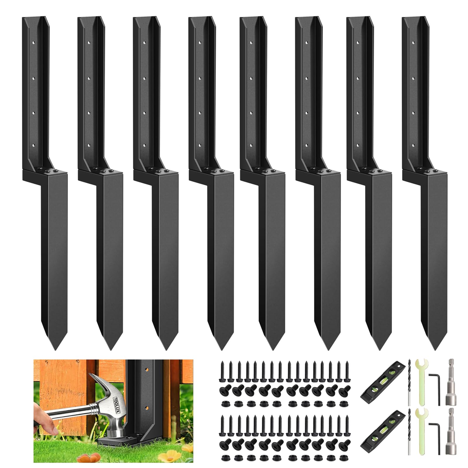 Duty Fence Post Repair Kit Thickened Heavy Duty – 11-Gauge Steel Anchor Stakes for Fixing Tilted, Broken or Leaning 4x4 / 6x6 Wooden Fence Posts – Black(8 Pack)