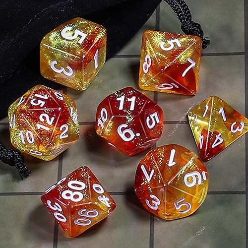 Miniatura 4 de CiaraQ DND - Juego de dados poliédricos para juegos de rol de Dungeons and Dragons RPG MTG, con 1 bolsa de dados (rojo + amarillo + brillantina)