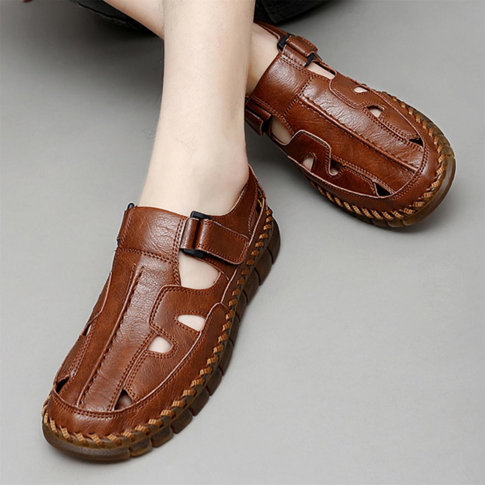 Sandales de sport Erbon pour hommes pratiquant des activités sportives, Marron, Cuir, Sans talon, À enfiler, Sangle unique, Sandal de sport