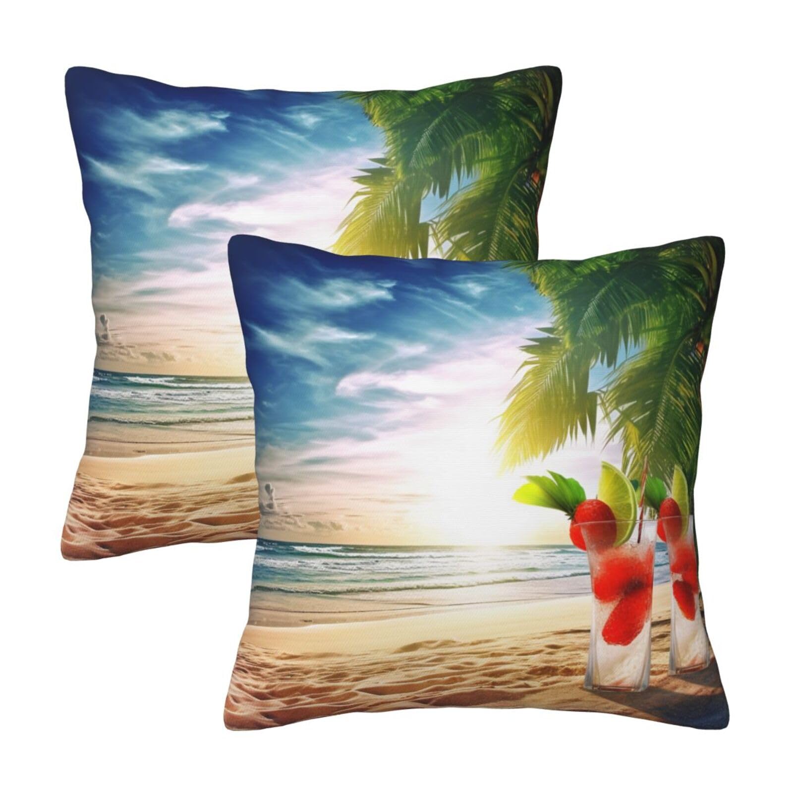 Tropical Beach Throw Pillow Cases 2 Pack Square Pillowcases Soft Pillow Protectors for Couch Livingroom Sofa Bed Office Car,45x45 CM