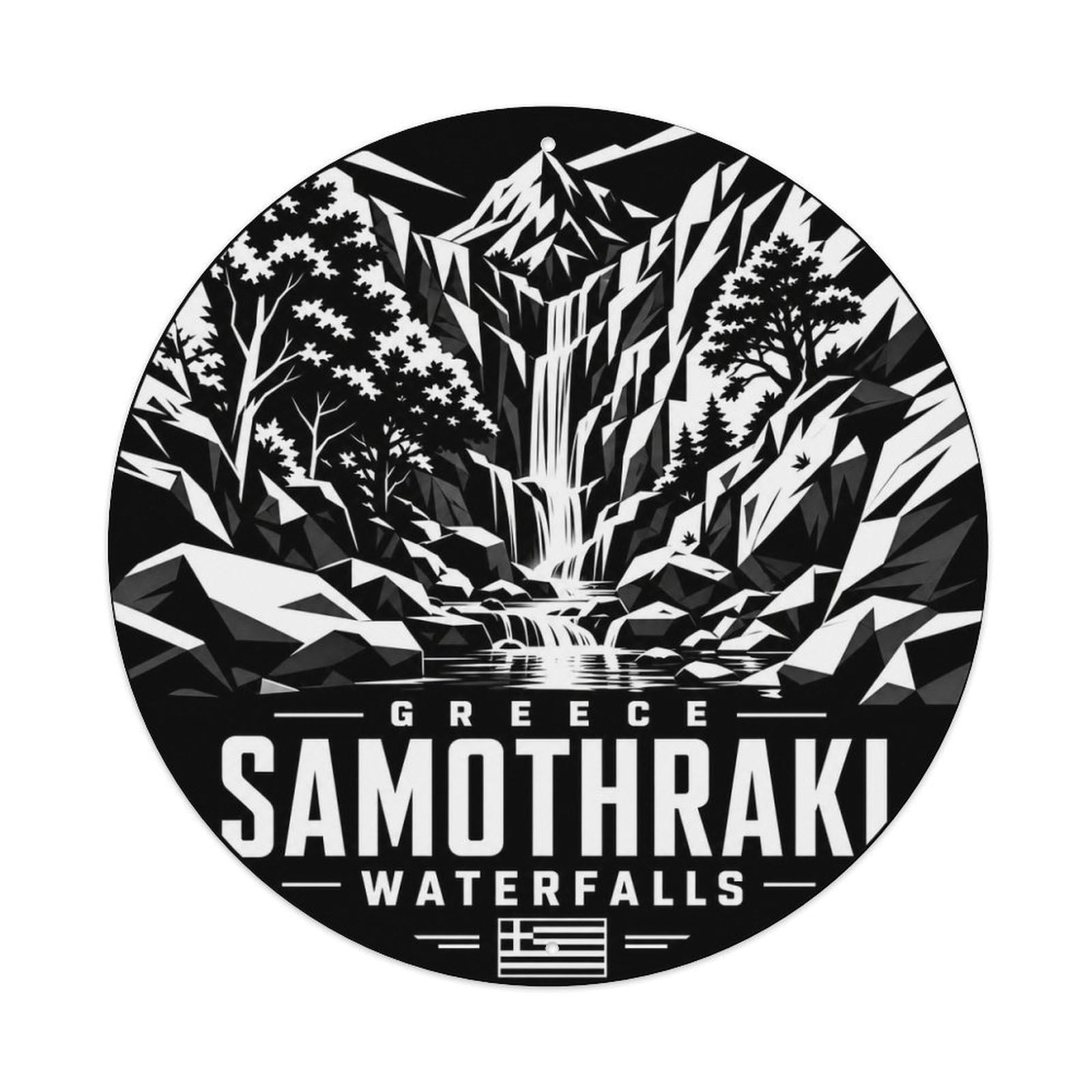 Samothraki Waterfalls Greek Monochrome Outdoor Journey Metal Tin Sign Plaque Wall Decor for Cafe, Man Cave, Club Bar, Office, Home Garden Round Metal Poster 8x8Inch