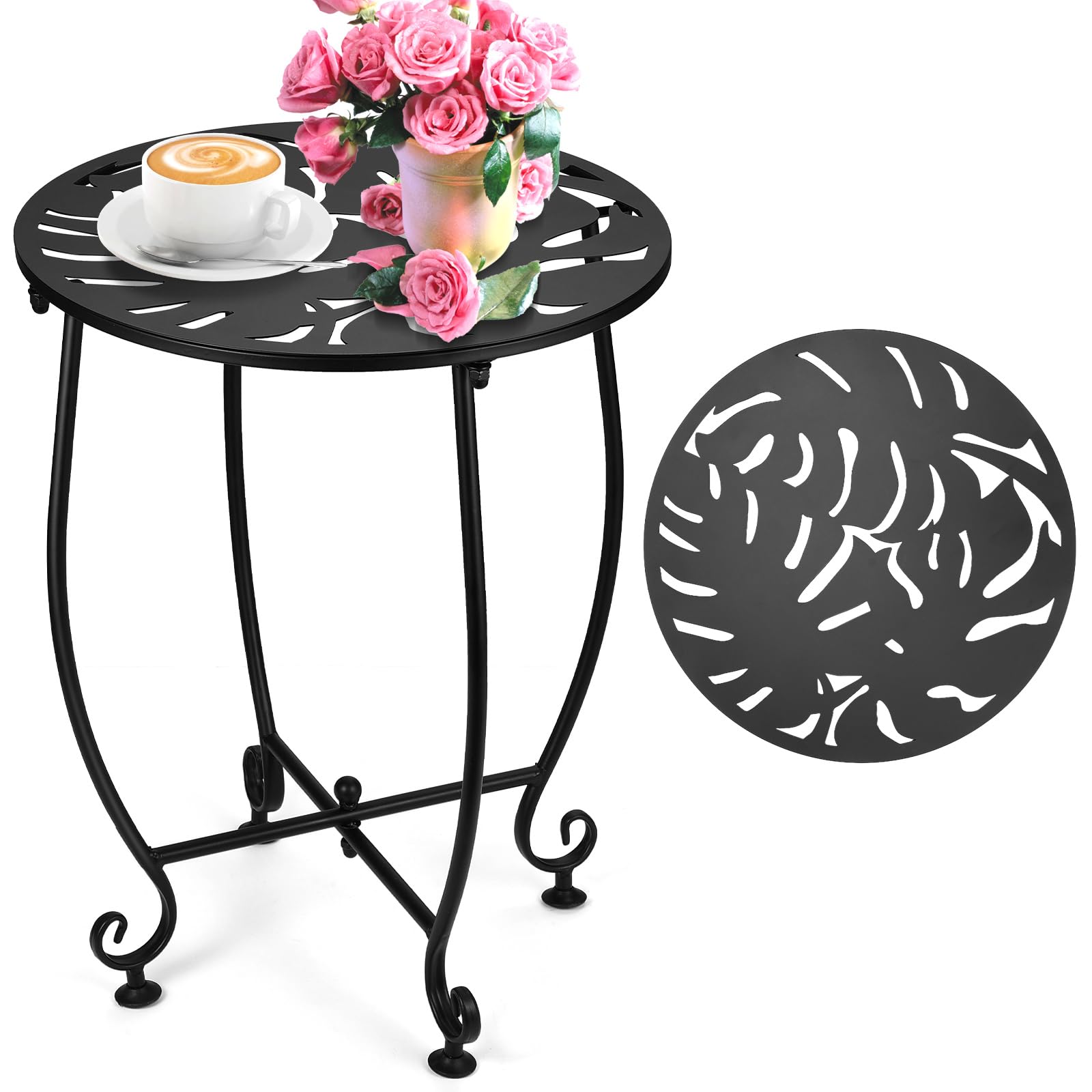 Mesa auxiliar de metal para exteriores de 14 pulgadas, resistente a la intemperie, mesa auxiliar redonda pequeña para patio, balcón, jardín, soporte para plantas exteriores (color 1 hoja de tortuga