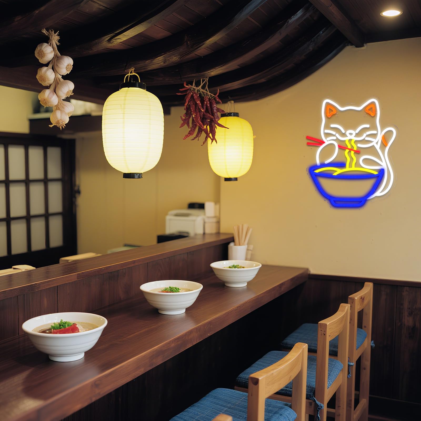 Cat Ramen Neon Schild Buntes Led Neon Schild Wand Katze Noodles Neon Sign Nudeln Led Schild für Resturant Ramen-Laden Küche Snack-Bar Wohn-Esszimmer Brunch Party Home Store Geschenke