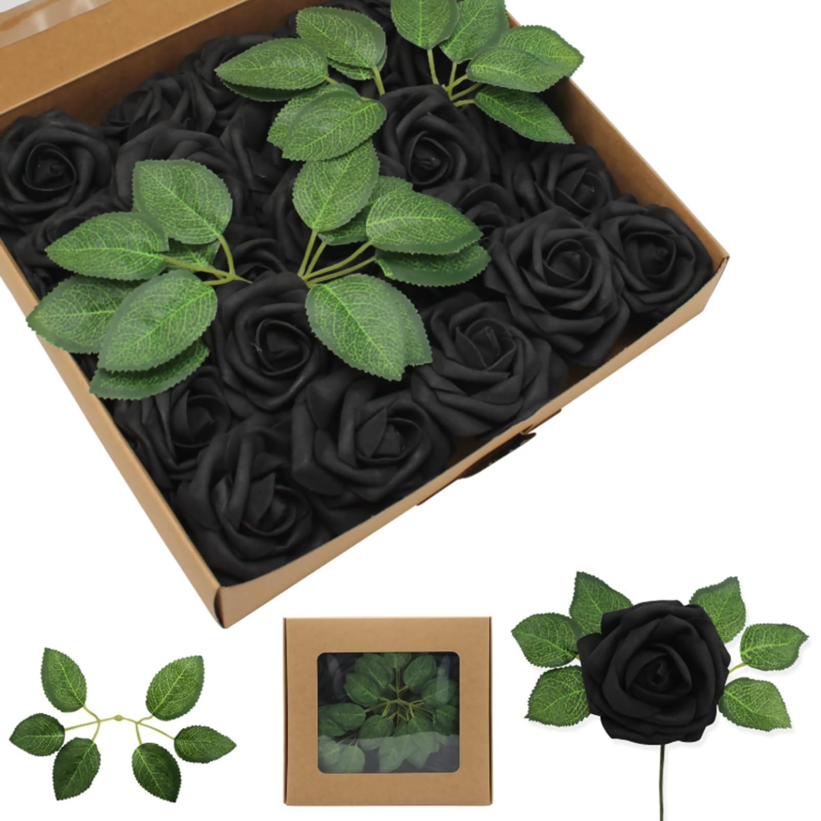 Beauenty25pcs Artificial Rose Set, Real Looking Fake flowers with Stems Leaves for DIY Bouquets Wedding Centerpieces Birthday Party Decoration Baby Shower Home Decor (Black)