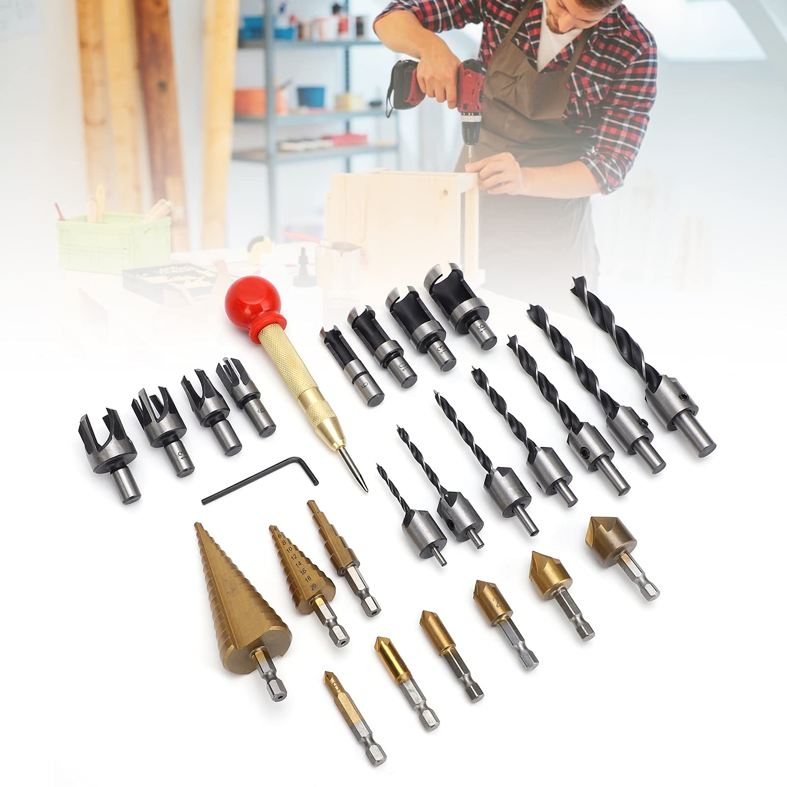 Herramientas de perforación de chaflán para carpintería, kit combinado de 26 brocas avellanadas de tres puntas, llave en L, 8 cortadores de tapones de madera, broca de 3 pasos, perforadora central