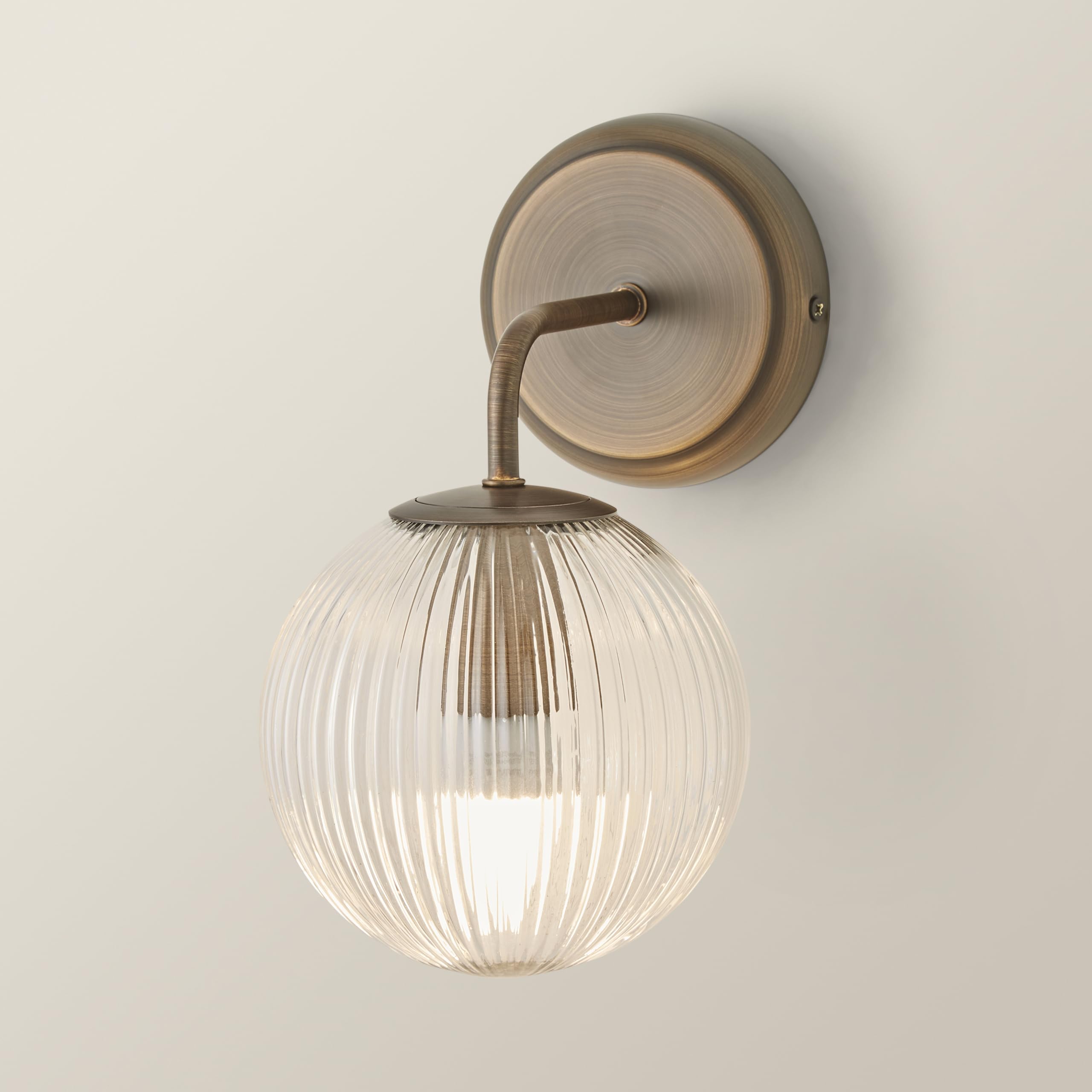 ValueLights | Kempton Pair of Brushed Brass Ribbed Glass Globe Shade Wall Lights and Bulbs | Wall Lights, Home Décor & Improvement Essential | Mains Wired