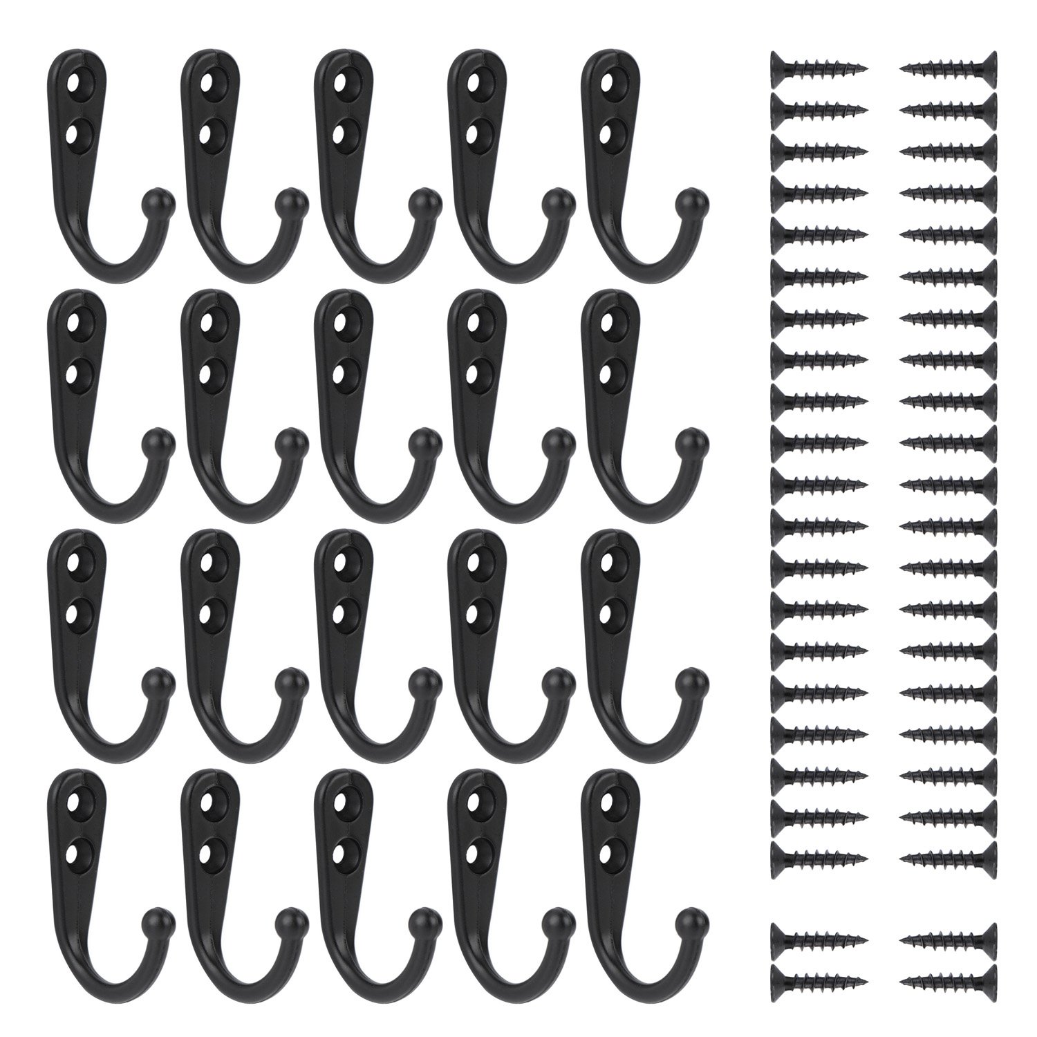 Wall Mounted Hook 20 Pieces Robe Hooks Retro Single Coat Hanger and 44 Pieces Screws (Black)