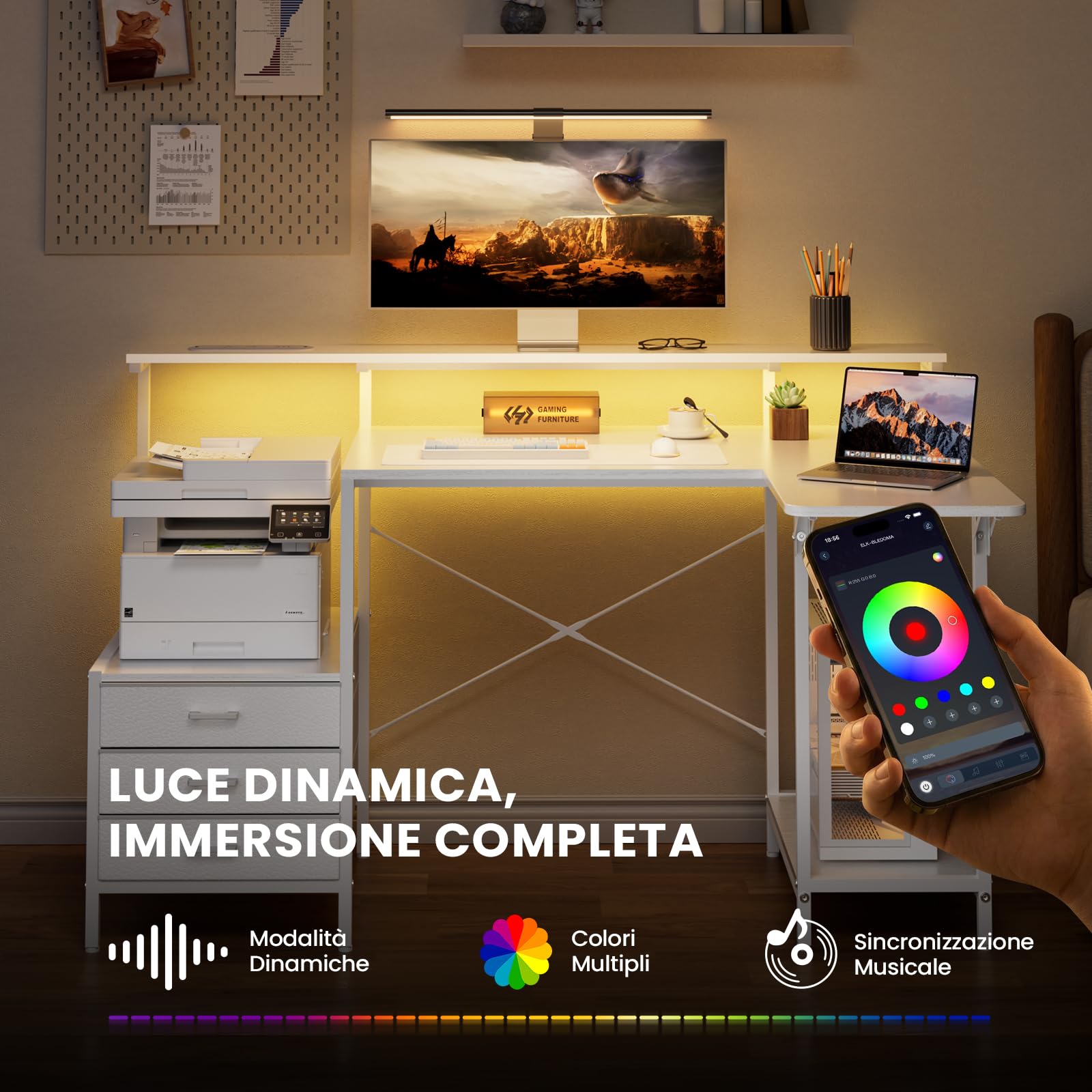 SOLAVERO Scrivania Angolare con Piano Pieghevole, 140cm Scrivania Gaming a l con Prese & USB-C, Tavolo Computer con Cassetti in Tessuto, Tavolo Ufficio con Supporto per Monitor, Bianco