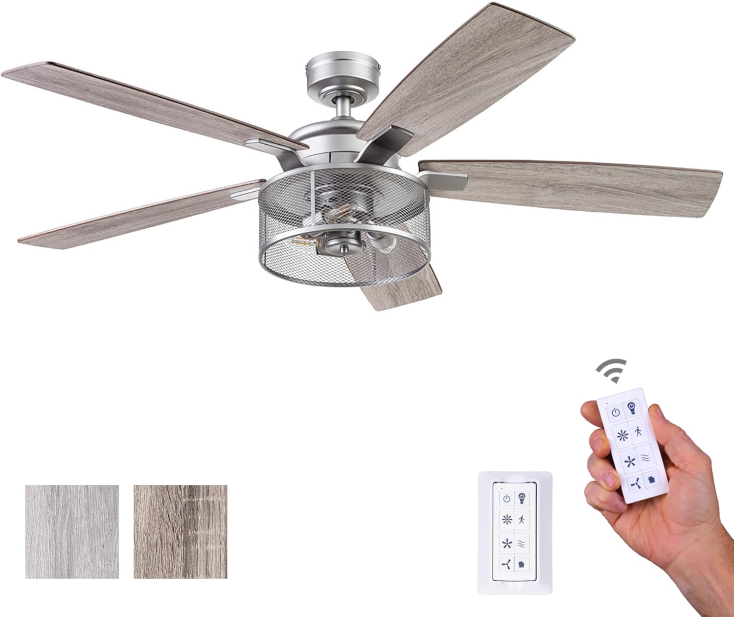 Honeywell Ceiling Fans Carnegie, 52 Inch Industrial Style Indoor LED Ceiling Fan with Light, Remote Control, Dual Mounting Options, 5 Dual Finish Blades, Reversible Airflow - 51460-01 (Silver)