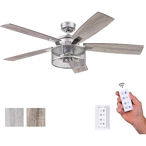 Honeywell Ceiling Fans Carnegie, 52 Inch Industrial Style Indoor LED Ceiling Fan with Light, Remote Control, Dual Mounting Options, 5 Dual Finish Blades, Reversible Airflow - 51460-01 (Silver)