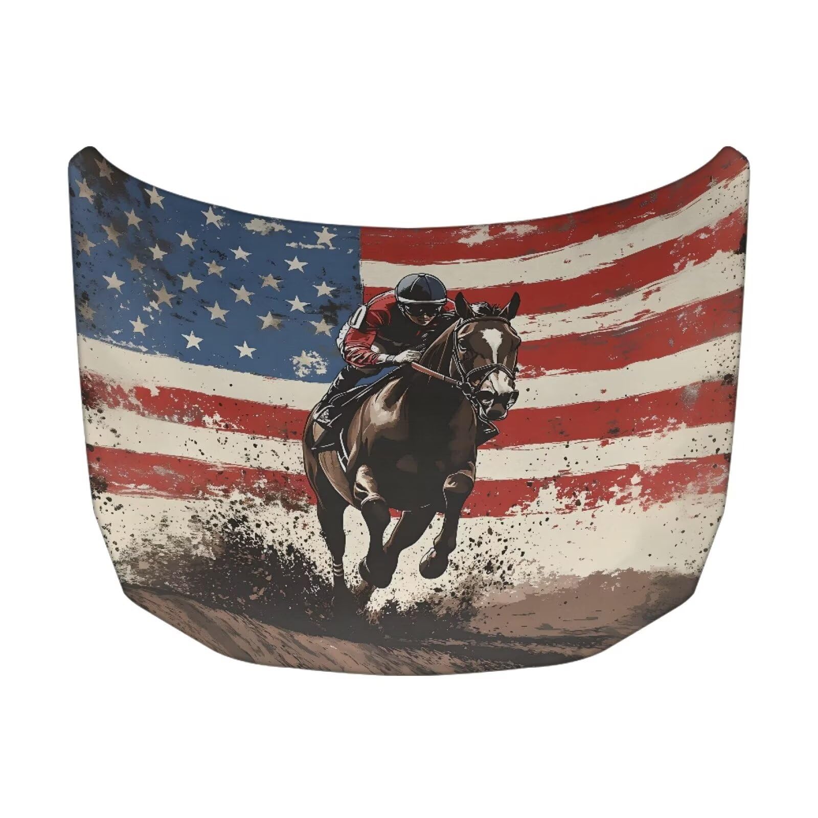 Car Hood Cover Protector Stretchable Auto Hood Wrap Blankets Waterproof American Flag Horse Racing Print Auto Exterior Accessories for Compact Sedans SUV Trucks Vans
