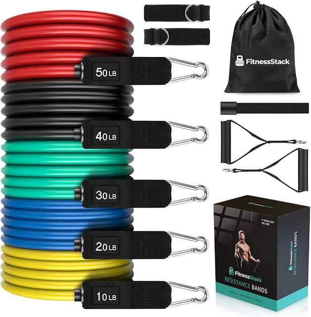 FitnessStack UK Resistance Bands Set For Men/Women |11pc 150lbs Premium Anti Snap Exercise Band Set with Door Anchor & Handles | Full Body Fitness Workout for Muscle, Strength, Toning, Weight Loss