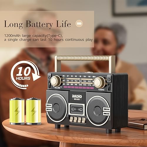 Miniatura 6 de Radio AM FM portátil con doble altavoz, radio retro recargable USB-C, radios de transistor con excelente recepción, perilla grande fácil de usar,