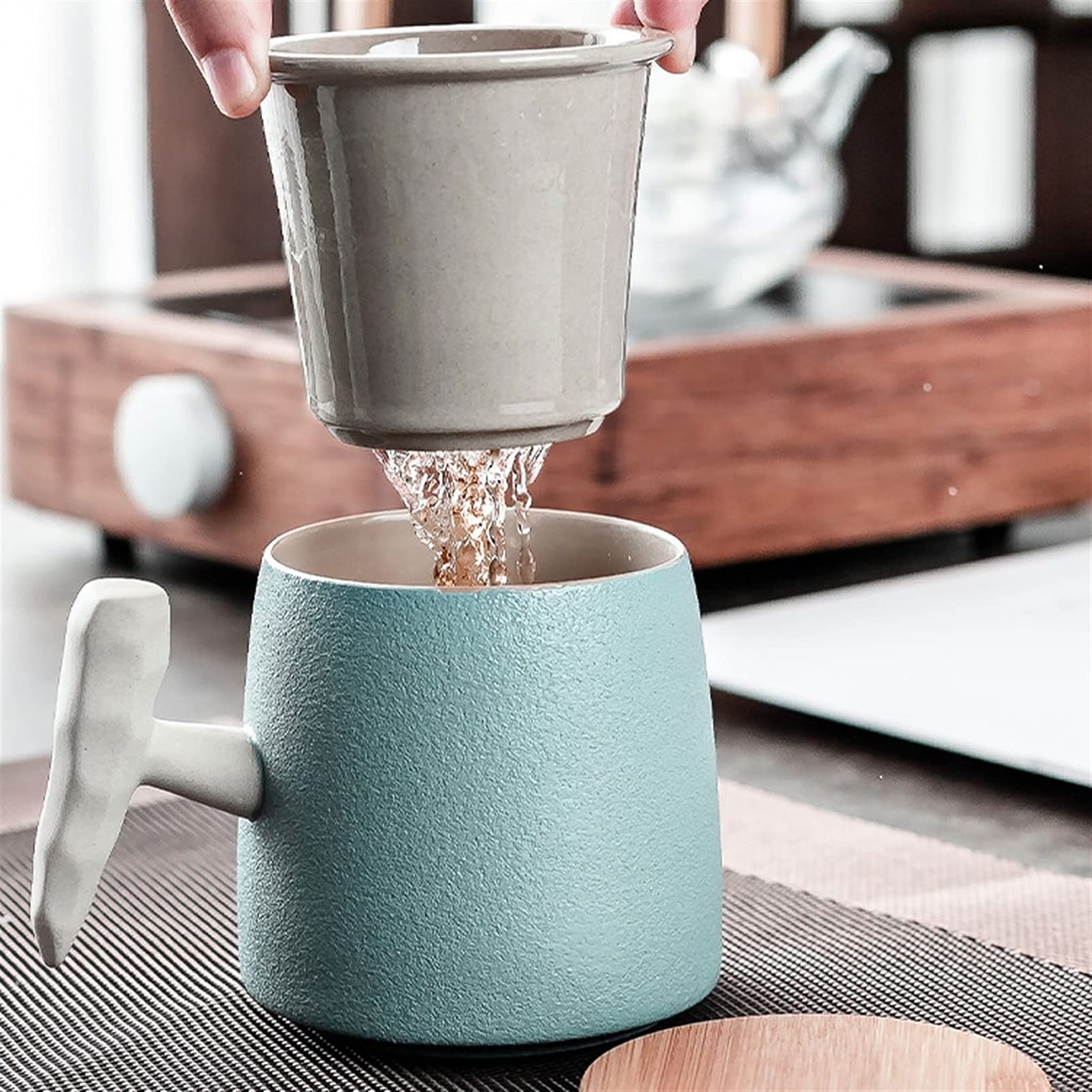 Taza de café, Taza de té, Taza de Oficina, Taza para el hogar, Taza nórdica de Oficina, Mango de Madera con Tapa, Taza de Agua para Pareja, Taza de cerámica Retro (B)