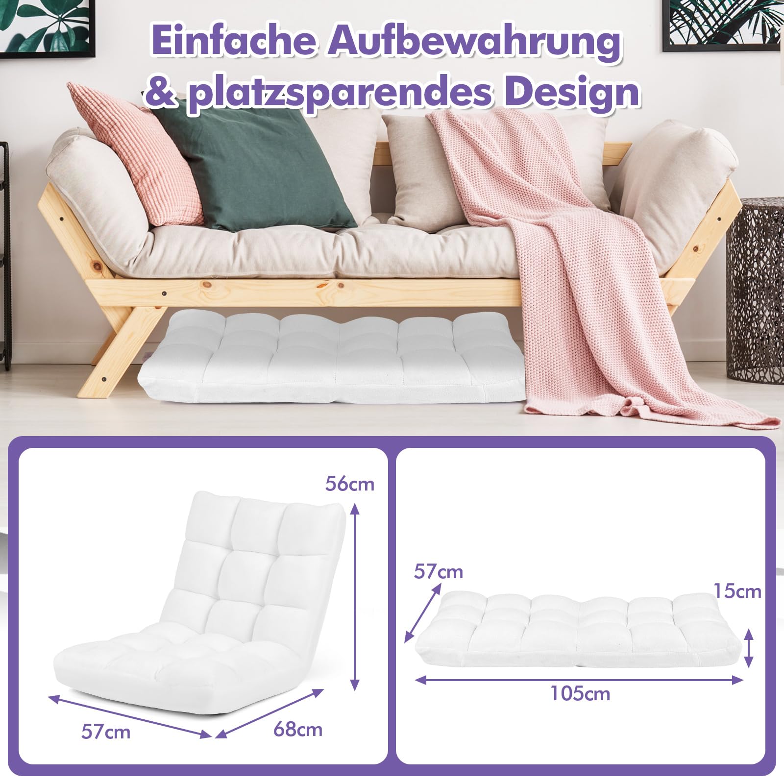 GOPLUS Bodenstuhl, Bodensofa mit Rückenlehne, Bodensessel mit Schlaffunktion, Floor Chair, Lazy Sofa, Meditationsstuhl für Wohnzimmer & Balkon (Weiß)