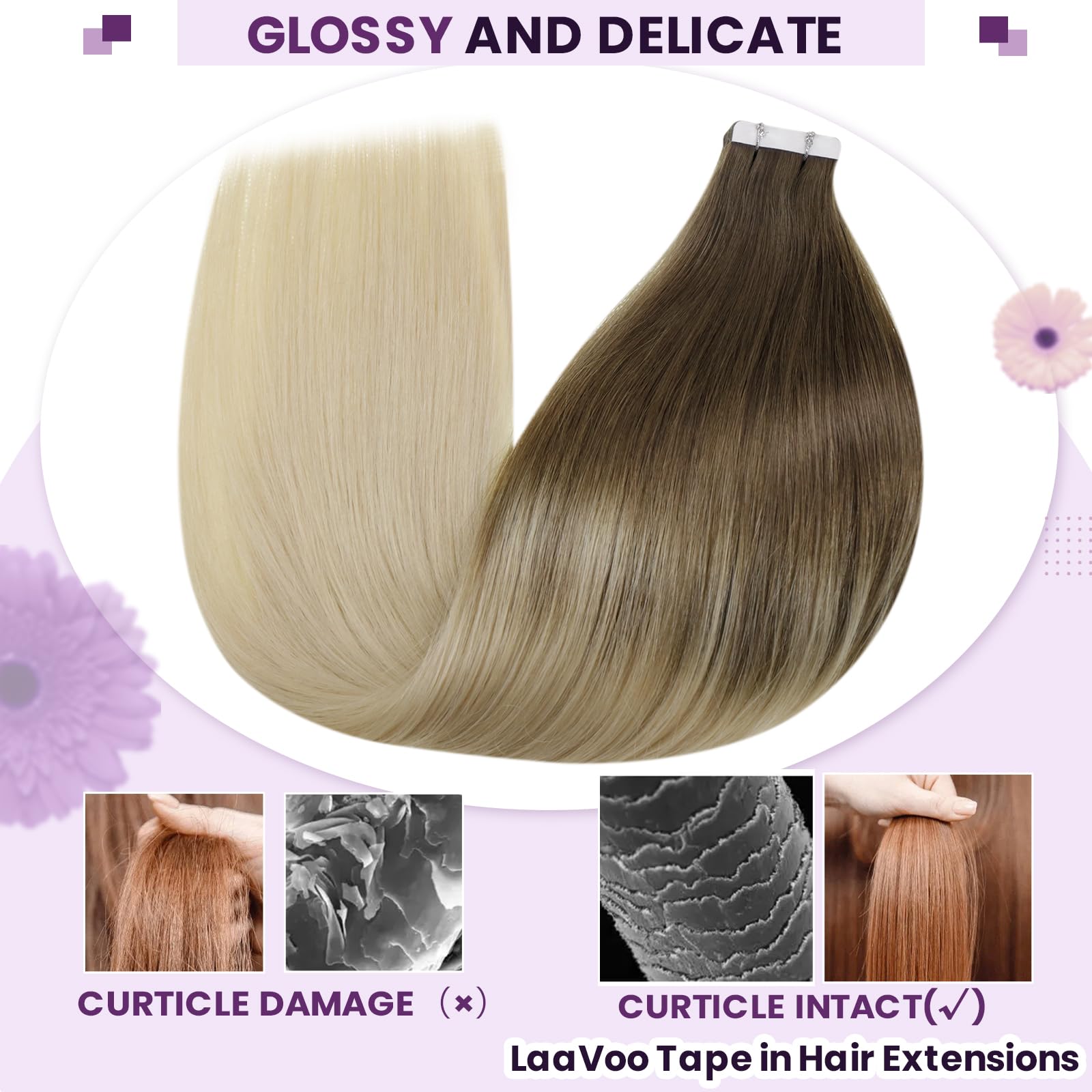 LaaVoo Tape in Hair Extensions Human Hair Blonde Tape Hair Extensions Real Human Hair Invisible Tapes Remy Straight Balayage Brown to Light Blonde Hair Double Sided Tabs 20pcs 30g 12 Inch #8/59 - Image 4