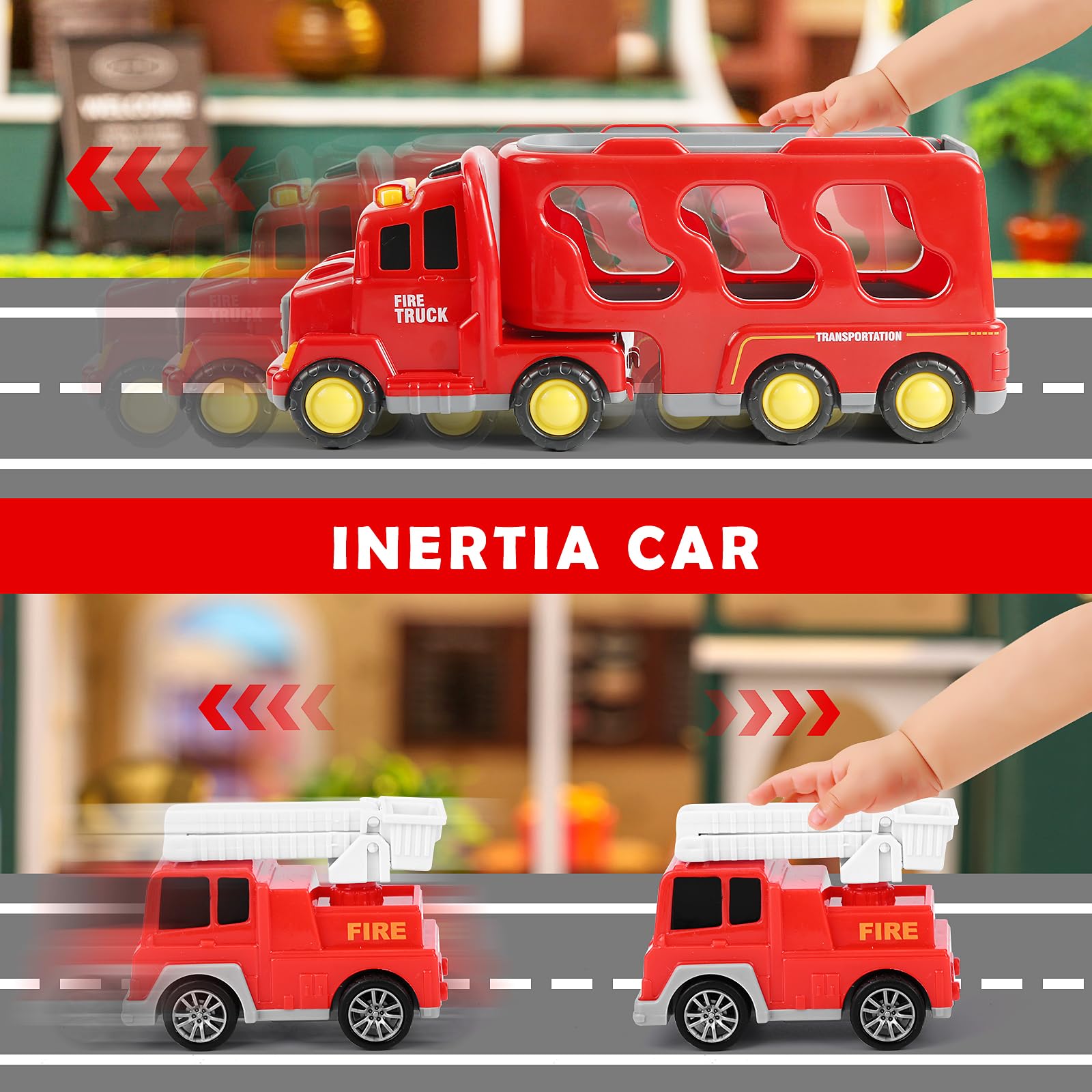 Camion Dei Pompieri 5 In 1 Per Bambini - Con Suoni, Luci, 4 Mini Auto Ed Elicottero - Giocattolo Educativo 3-7 Anni - 5