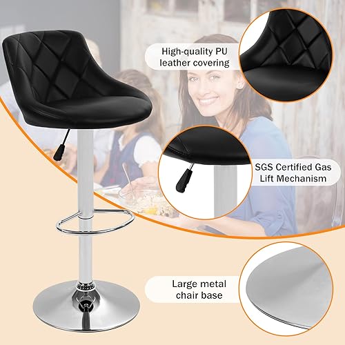 Miniatura 5 de Juego de 2 taburetes de bar de 24 a 32 pulgadas de altura de mostrador con reposapiés y respaldo taburetes de bar giratorios de piel sintética para
