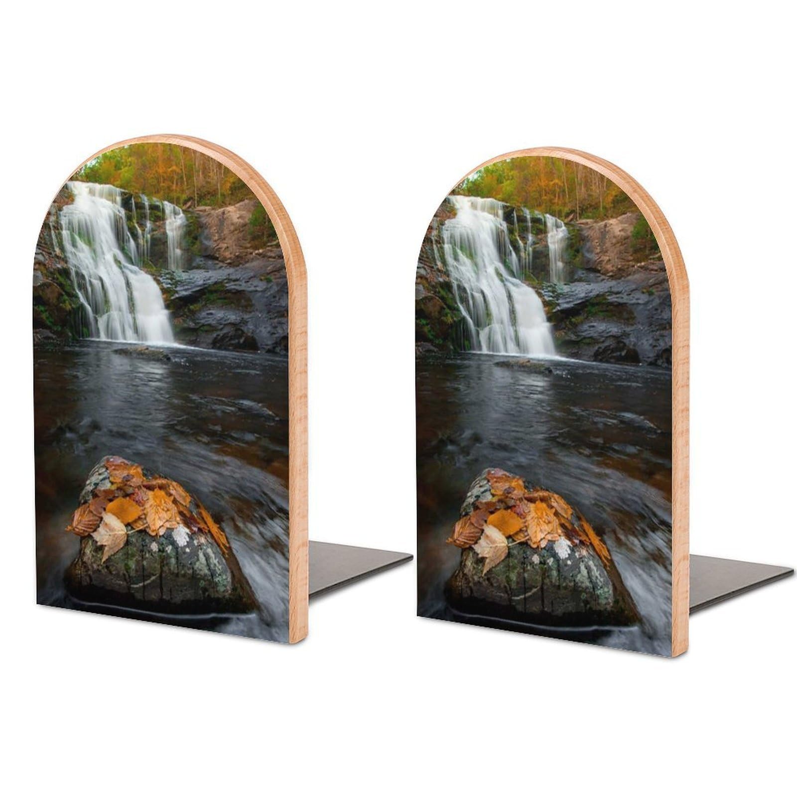 Waterfall Natural Scenery Fallen Maple Leaves Beech Wood Bookends Heavy Duty Book Organizers Desktop File Holder for Office Home Bookshelf