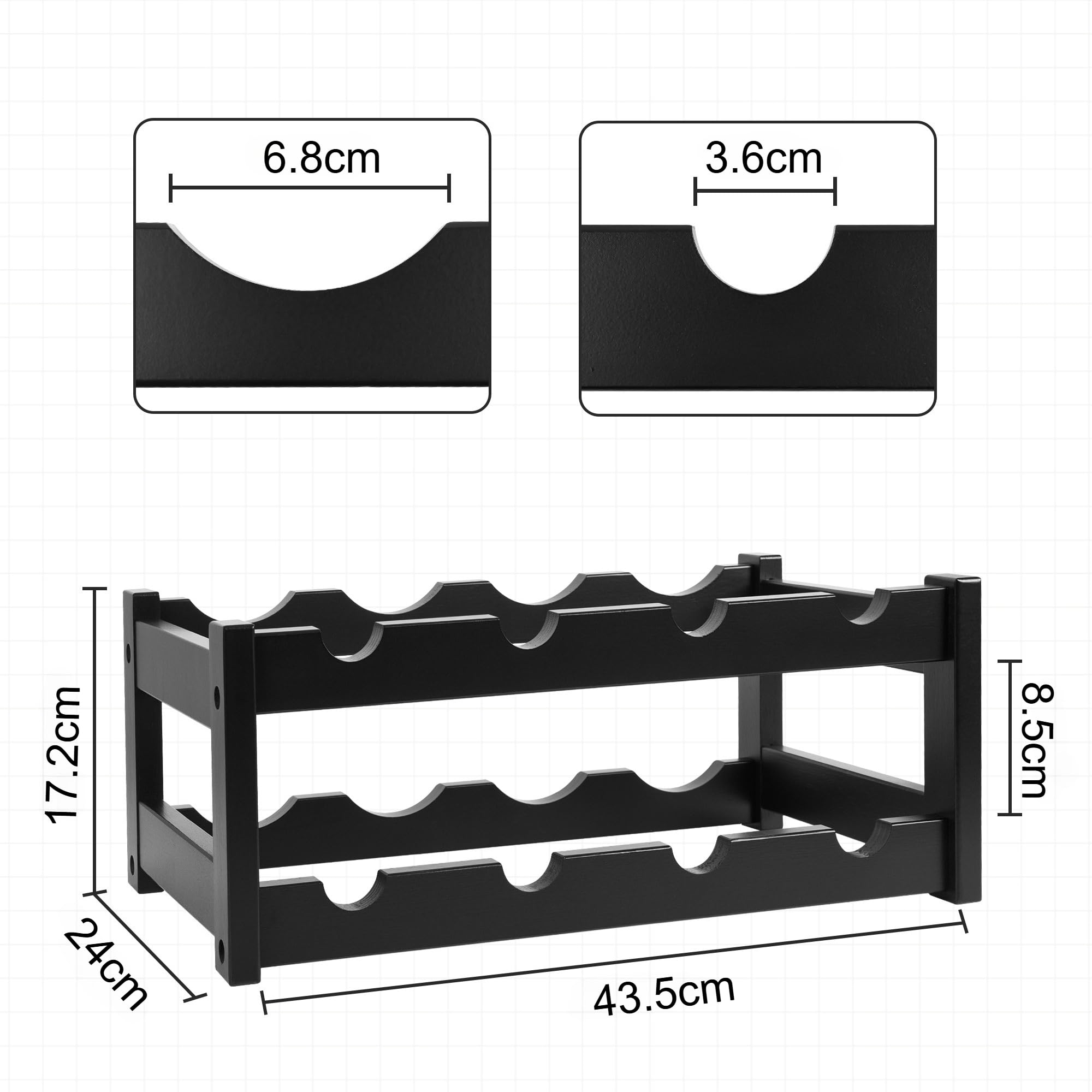 VASMIA Botellero de bambú, Soporte para 8 Botellas, estantes de Almacenamiento Independientes de 2 Niveles para Cocina, despensa, Bodega Bar,Negro - 5