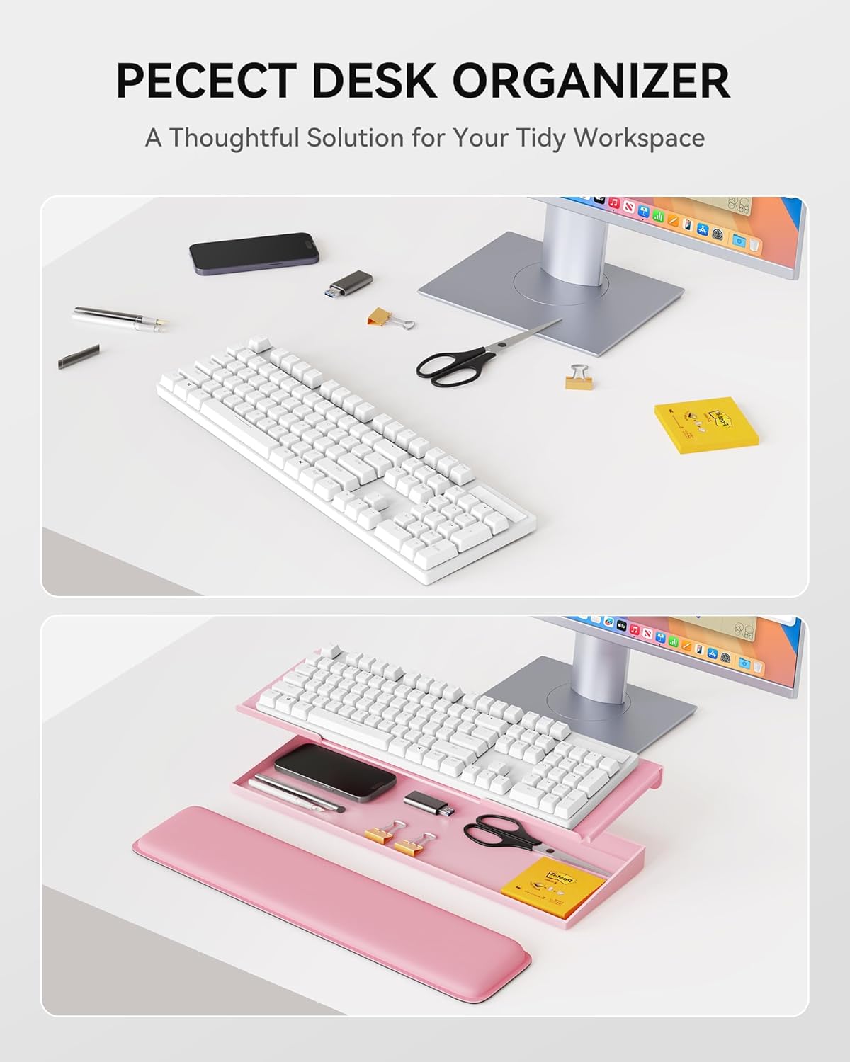 Laborio Computer Keyboard Stand with Storage Box, Keyboard Riser Wrist Rest for Desktop, Office Desk Organizer Accessories(Pink)