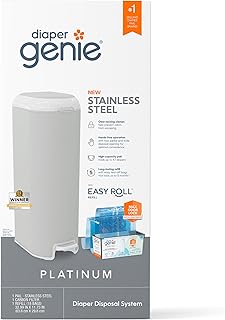 Diaper Genie Platinum Pail (Stone Grey) is Made in Durable Stainless Steel and Includes 1 Easy Roll Refill with 18 Bags That can Last up to 5 Months.