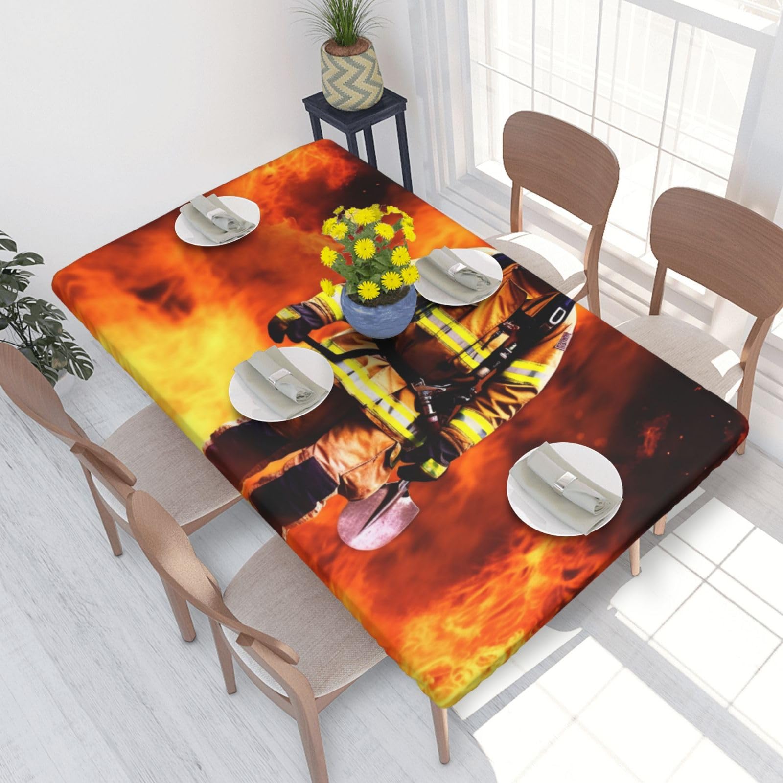 DCARSETCV Firefighter Fireman Flame Printed 4FT Waterproof Tablecloth with Elastic Edged Protect & Decor Your Table, Oil-proof Washable Table Cloth Cover for Dinner Picnic Party