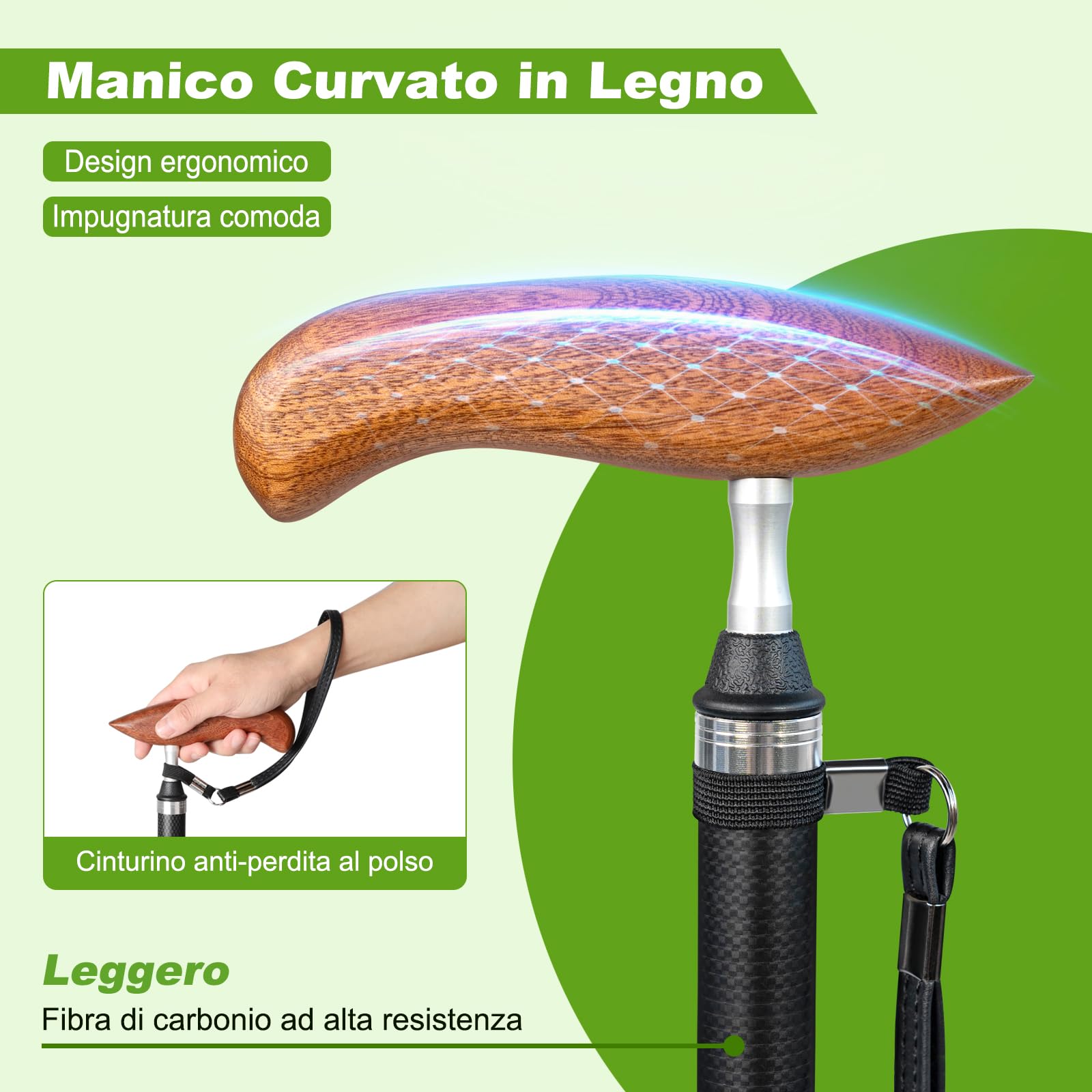 Bastone da Passeggio in Fibra di Carbonio Leggero con Borsa, Punta in Gomma Antiscivolo e Ammortizzante (Incluse 2 Punte di Ricambio), Pieghevole e Regolabile In altezza