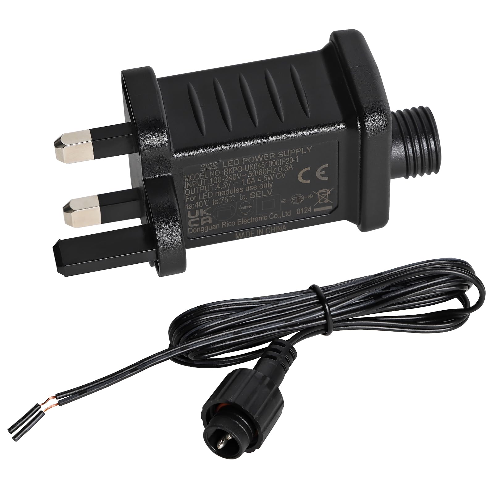 NEWNEN LED Transformer Replacement, String Lights Indoor-Outdoor Power Adapter Class 2 Power Supply with 2 Meters Extension Cable, 120V 60HZ IP44 for LED Lights and More Devices (4.5V 4.5W 1A) [Energy Class G]