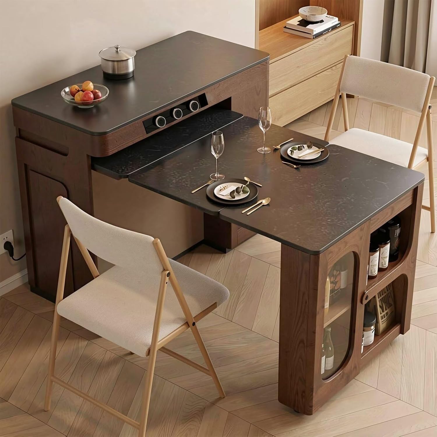 Dinner Table, Modern Kitchen Island with Slate Top, Glass Storage Cabinet, Extendable Dining Table with Tabletop Outlets for 4 People (66.93IN No Chairs)