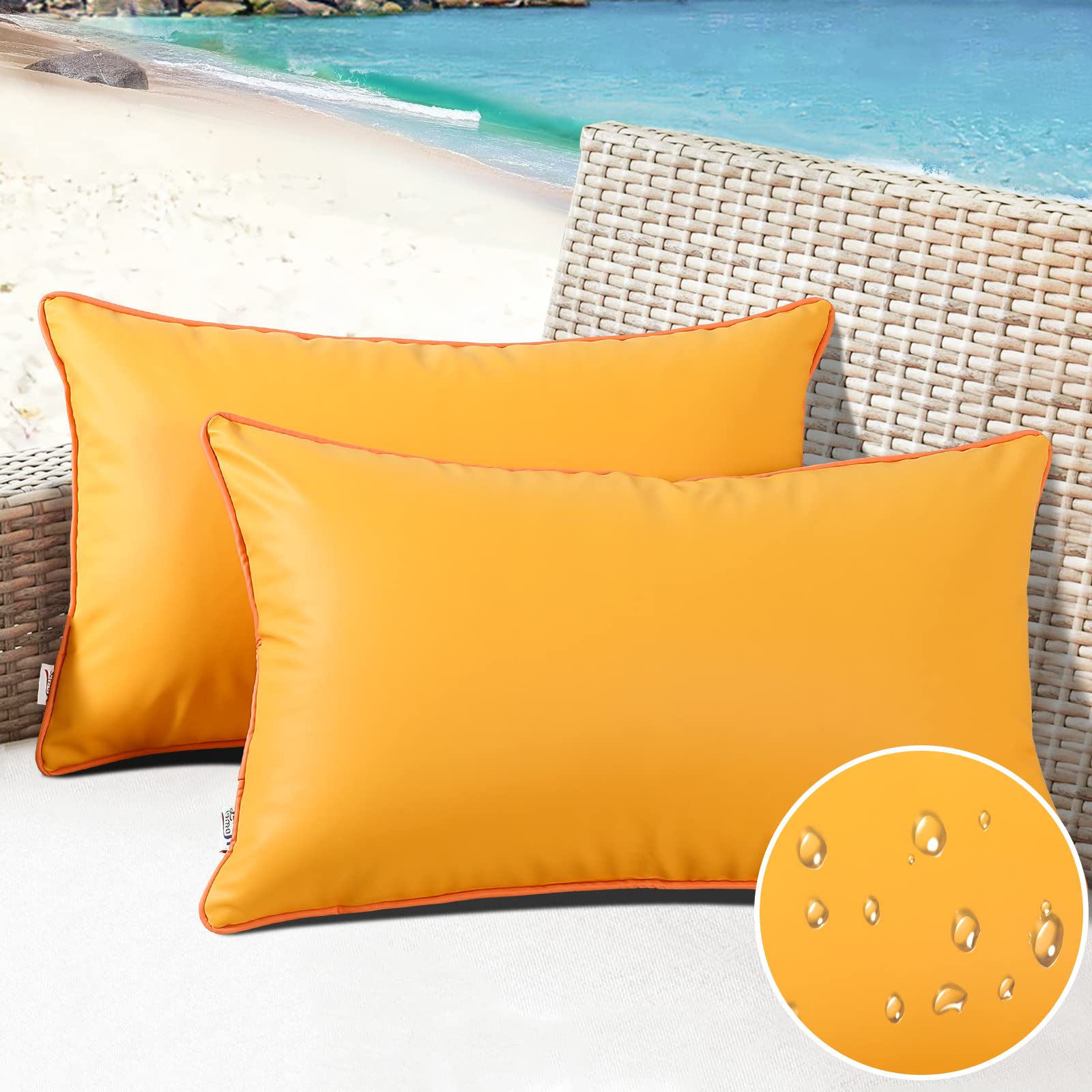 Coussin lombaire étanche en silicone : lot de 2 housses jaunes 30x50cm anti-pluie pour balcon