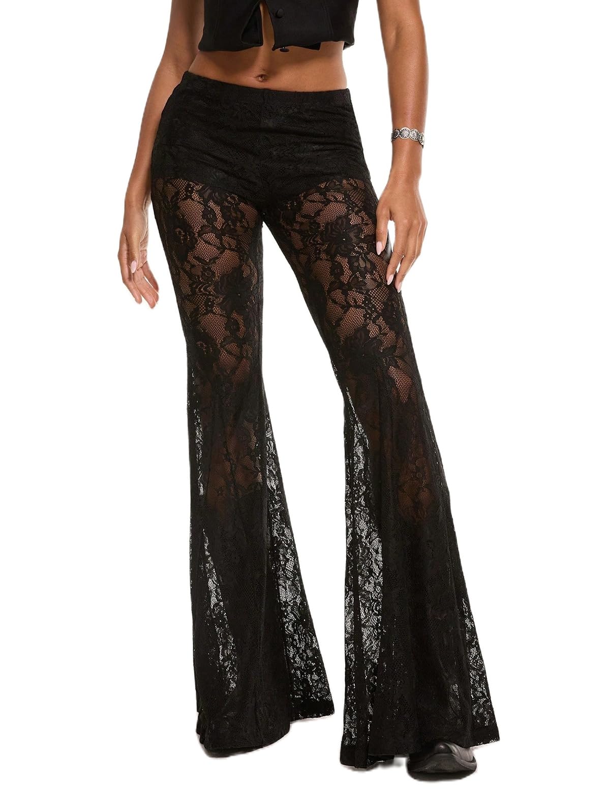 Sunloudy Women Lace Bell Pant Sexy See Through Flare Bottom Leggings Hollow Out Mesh Cover Up Trousers
