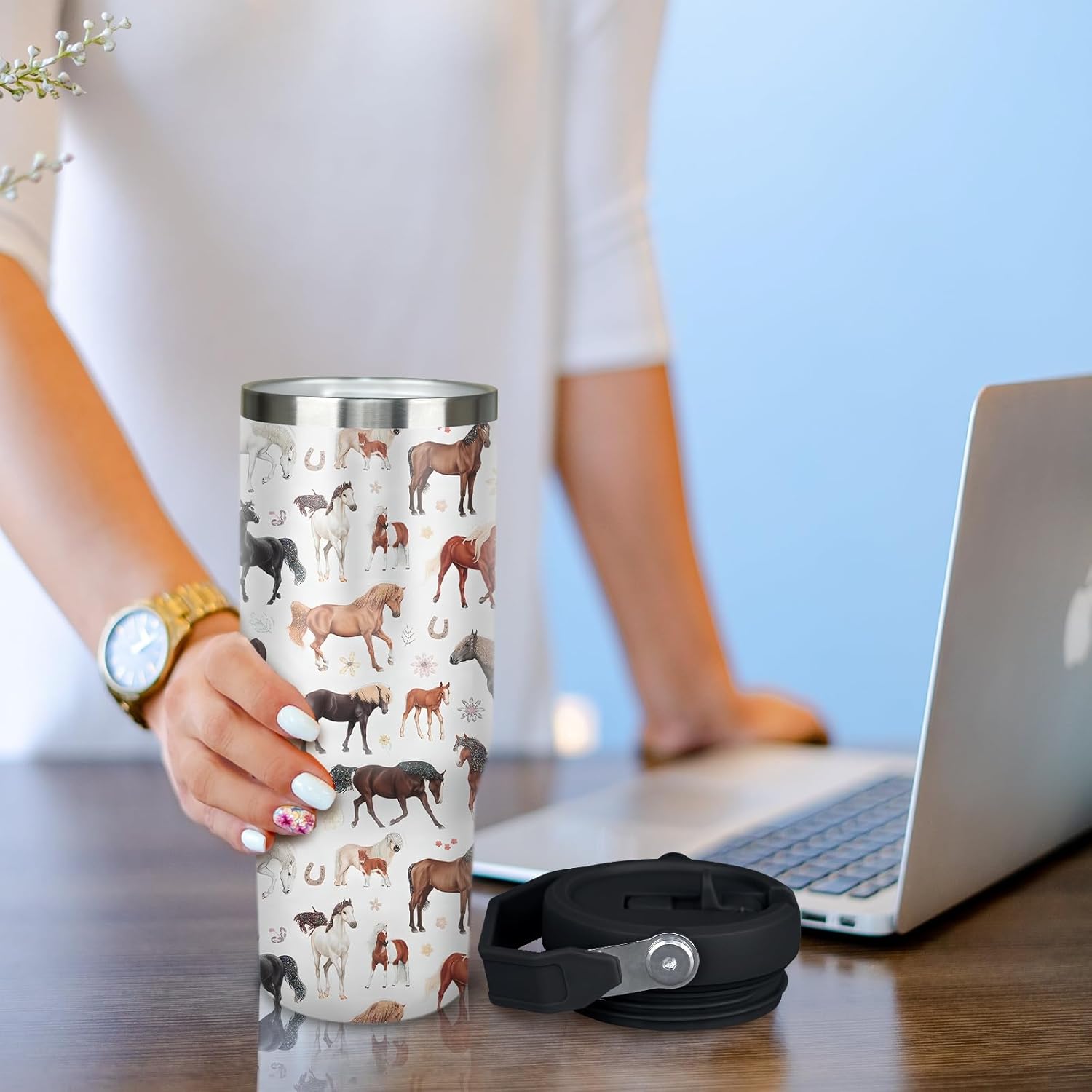 30 oz Horse Tumbler with Handle and Flip Straw, Vacuum Insulated Water Bottle Stainless Steel, Leak Proof Travel Coffee Mug Gifts for Horse Lover, Cute Animal Cup for Home Office Car Outdoors Sports - Image 5