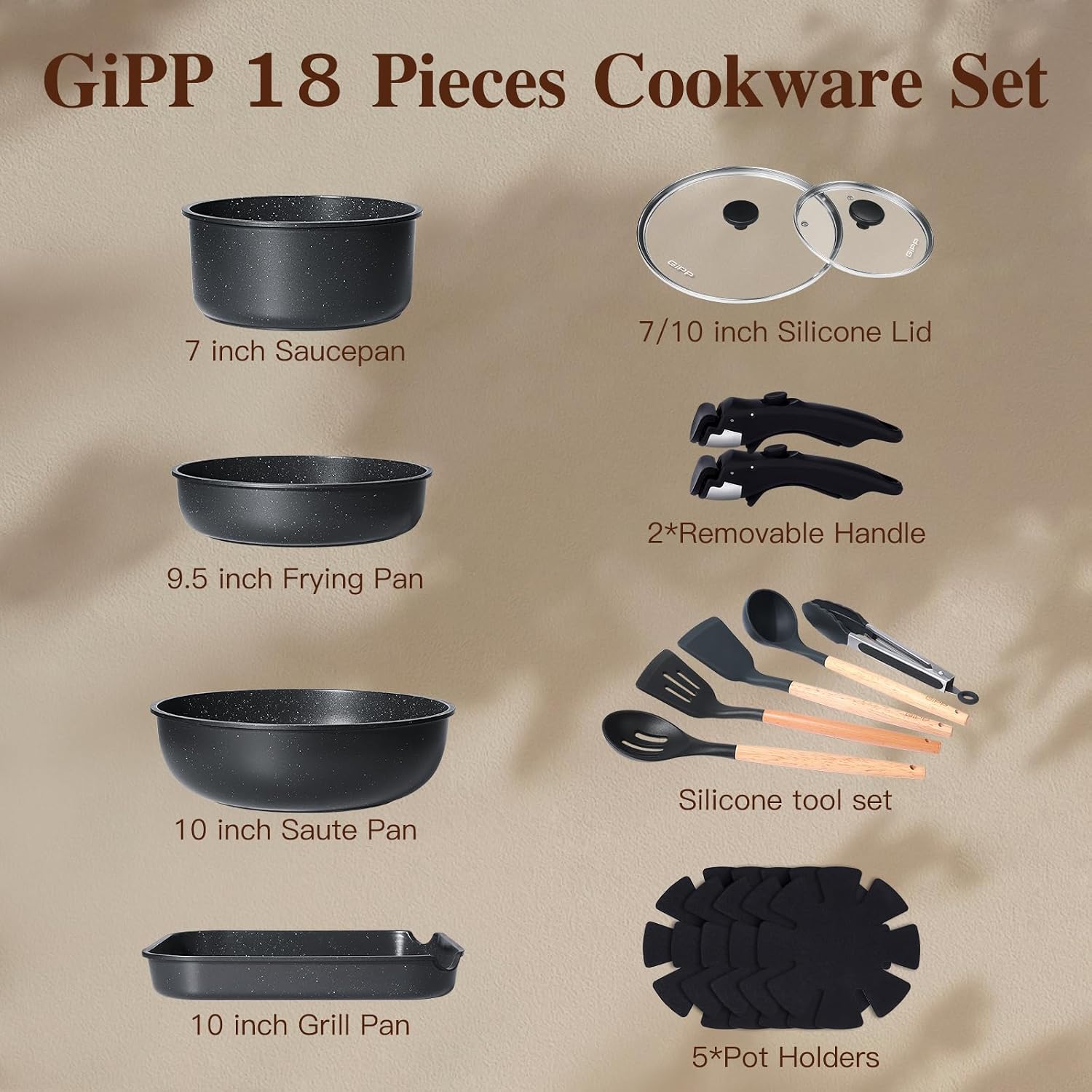 GIPP Pots and Pans Set Cookware Set with Detachable Handles pots and pans | Non Stick, Non Toxic, PFOA & PTFE Free, Dishwasher＆Oven Safe, All Stoves are Compatible, 18PCS, Grey