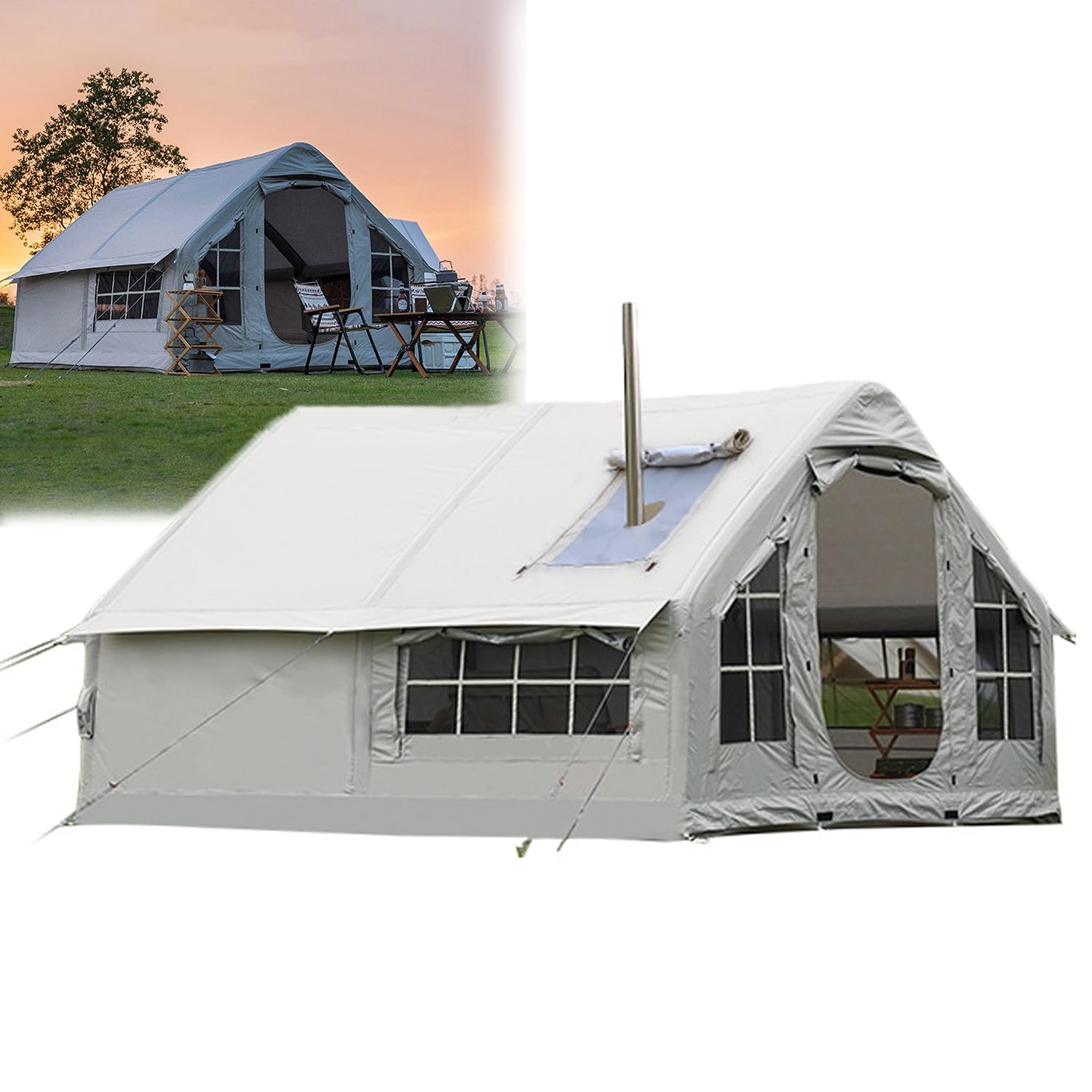 Tenda da campeggio gonfiabile, tenda da campeggio automatica, spazio 10㎡, impermeabile PU2000 mm, colonna d'aria integrata, uscita camino, per 4 stagioni per uso familiare