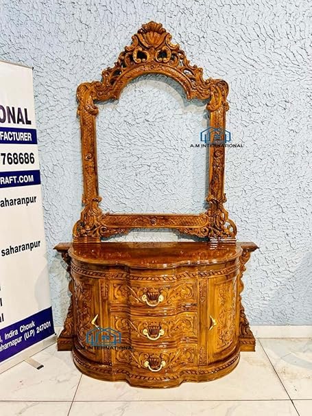 A.M INTERNATIONAL Royal Wooden Handcrafted Dressing Table Set in Teak Wood with Natural Polish for Bedroom Without Mirror 7 * 4 ft