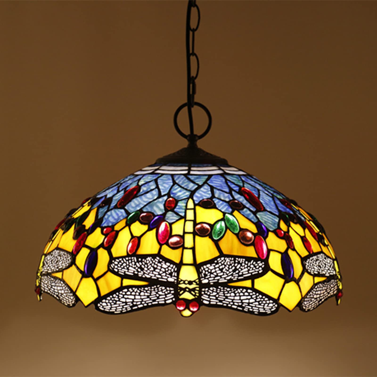 YNIYUJKL Tiffany-Style Dragonfly Chandeliers,16 Inch Vintage Stained Glass Pendant Light, Adjustable E27 Ceiling Light For Living Room Bedroom Dining Room,F