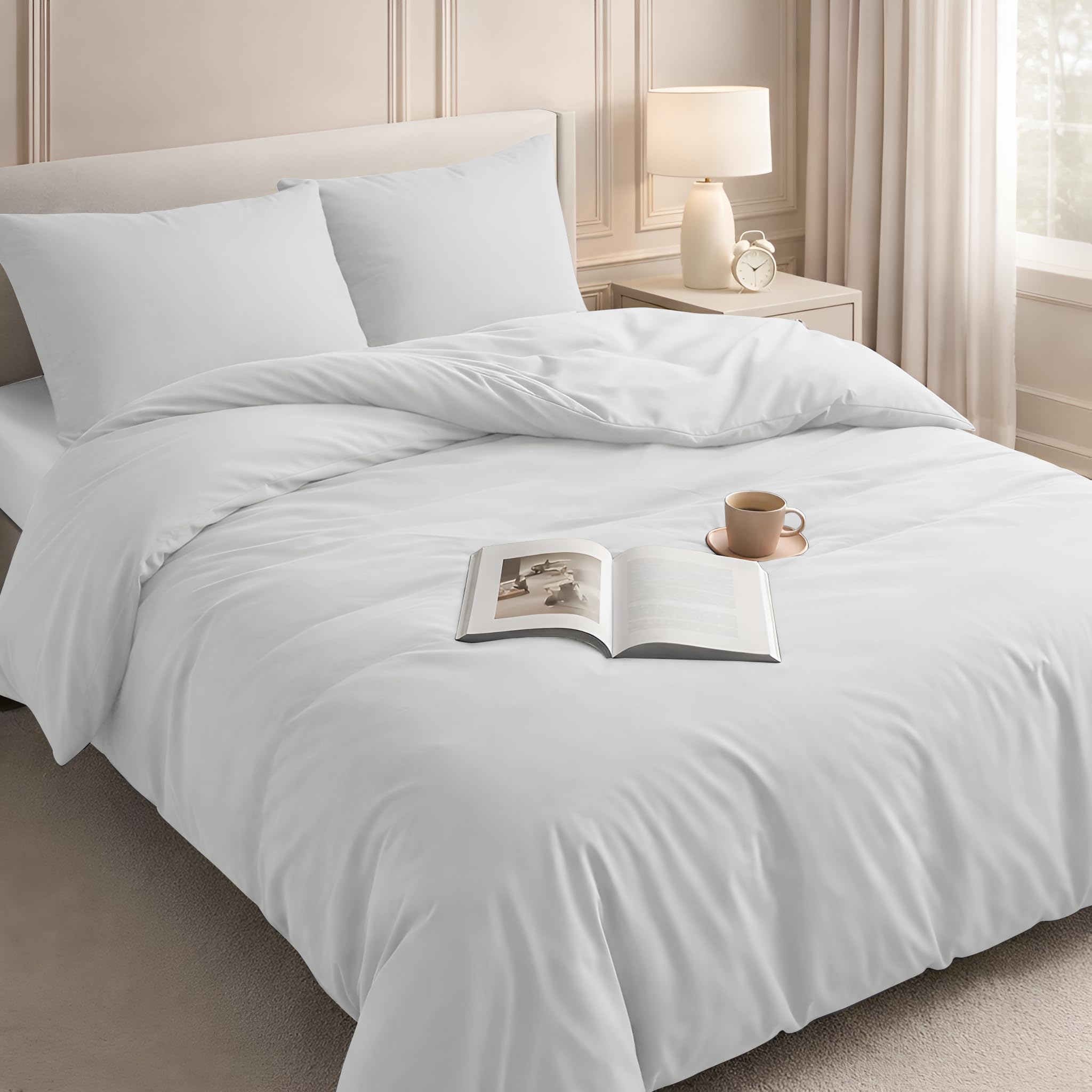 Velosso Duvet Cover Sets - Brushed Microfibre Duvet Covers with 2 Pillowcases - Hypoallergenic Ultra Soft Breathable Quilt Cover Set (White_1, King)