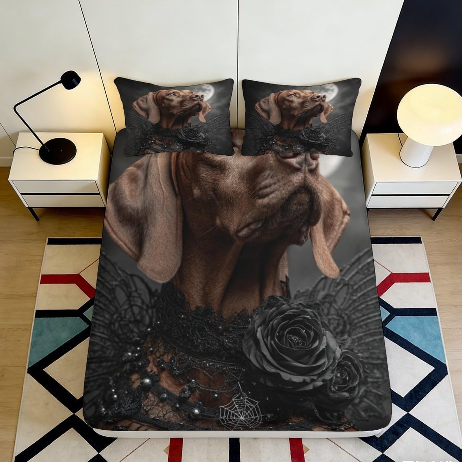 3D Printed Brown Dog Portrait Fitted Sheet Microfiber Black Rose Mattress Cover for Bedroom Guest Room Easy Care 90x200x25cm